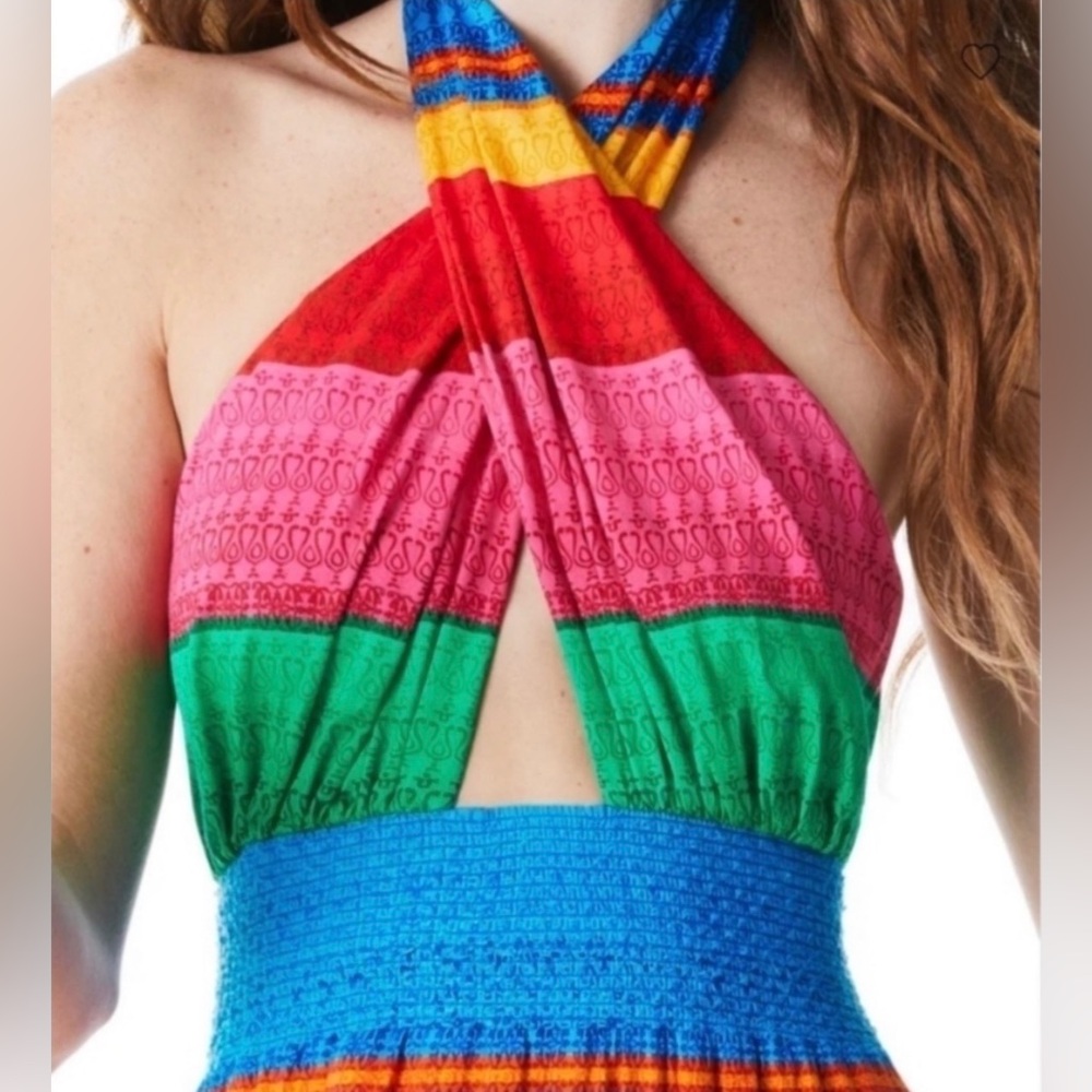 Alice + Olivia NWT Lyndon Multicolor Cabo Stripe Maxi Dress Halter Cut Out Flowy - Picture 15 of 16